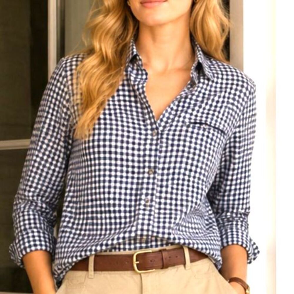 Navy Blue Gingham Plaid Button Down Shirt Roll Tab Sleeve Kut from the Kloth L